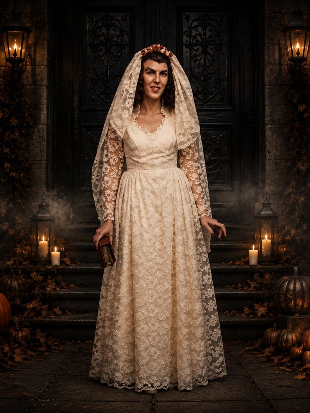 HALLOWEEN: Vintage Ivory Lace Wedding Dress Bride Costume Long Sleeve Gothic